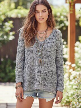 Loft M Marled Stitchy Black White V Neck Sweater Boho Cottage Minimalist Hippie
